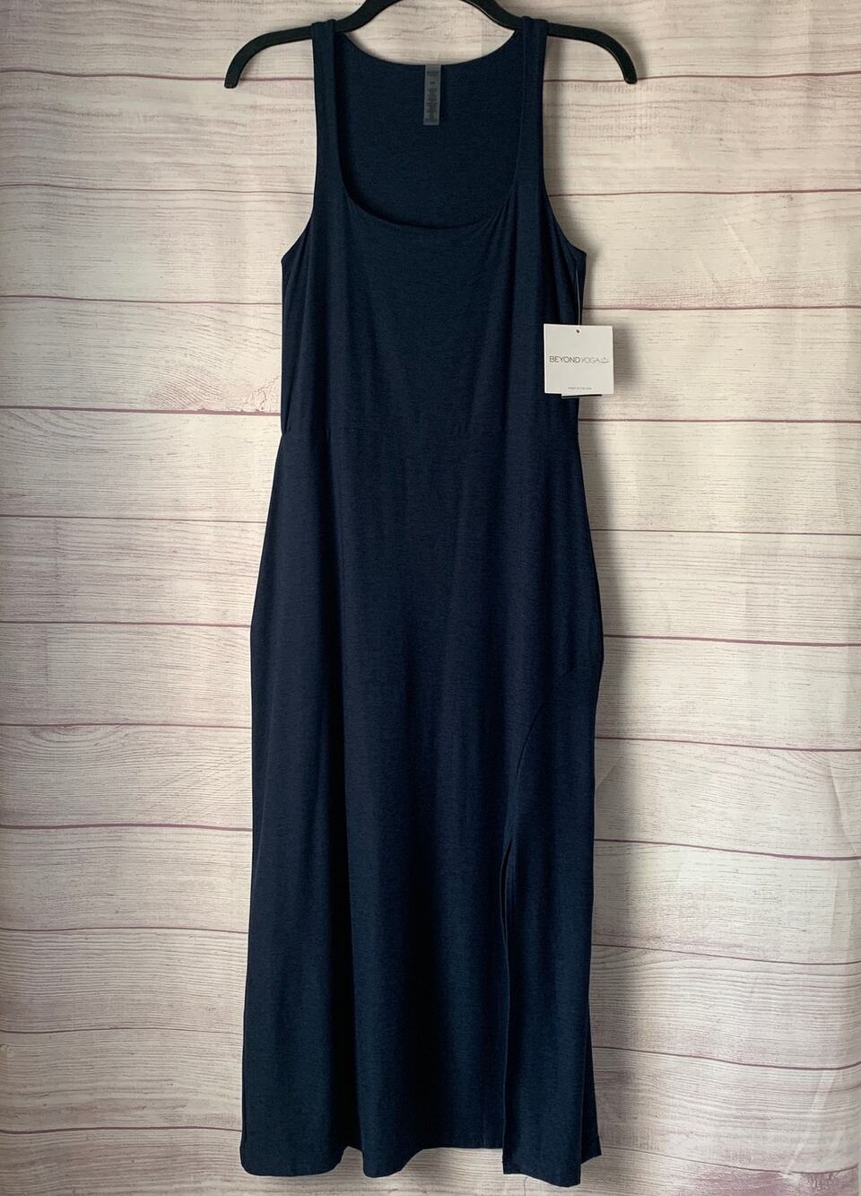 Beyond Yoga Featherweight Getaway Dress Nocturnal Navy Midi Slit Size Small NWT